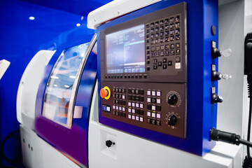 Automation control panel CNC metalworking machine. Industry factory mill drill technology work