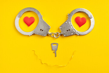 Handcuffs smile shape on yellow background. Freedom concept.