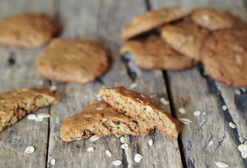 Diet healthy food.Oatmeal cookies with the addition of whole grain rye flour on a wooden background.