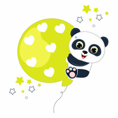Cute Cartoon little panda floating with big balloon vector illustration. Perfect for greeting cards, party invitations, posters, stickers, pin, scrapbooking, icons.