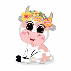 Cute Cartoon little baby cow with wreath of flowers vector illustration. Perfect for greeting cards, party invitations, posters, stickers, pin, scrapbooking, icons.