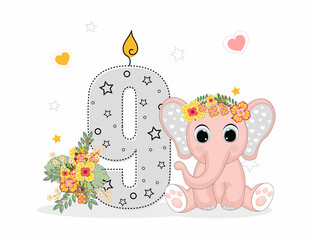Cute Cartoon little elephant with number nine. Perfect for greeting cards, party invitations, posters, stickers, pin, scrapbooking, icons.