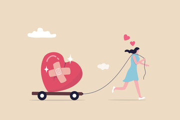 Move on or forget and forgive, open for new relationship, heal or cured from heart broken or divorce and relationship problem concept, happy woman walking with bandage repaired heart shape.