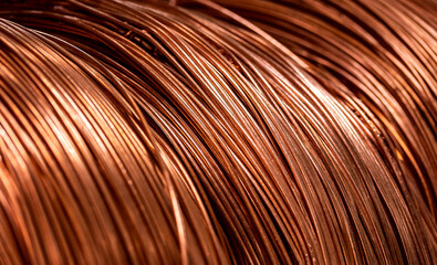 Closeup texture copper cable rolled coil up on industry factory banner background