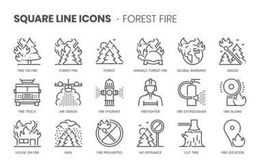 Fototapeta na wymiar Forest fire related, square line vector icon set.