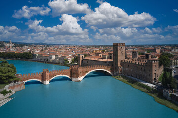 Verona in the region of Venice, Italy. Historic Castelvecchio Bridge, Ponte di Castelvecchio in...