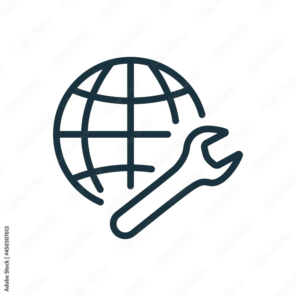 Poster globe and wrench line icon. network settings linear pictogram. internet settings outline icon. edita