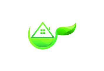 Green house with leaf vector logo design.