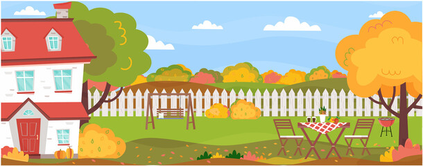 Backyard of the house at autumn time. House, fence, garden furniture, bbq, swing, trees and bushes.