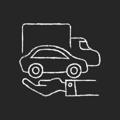 Company owned vehicles chalk white icon on dark background. Business use car. Truck and automobile on the human hand. Reputation enhancement. Isolated vector chalkboard illustration on black