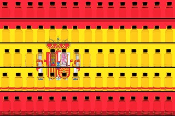 Vaccine bottles and flag of Spain. Vaccination related conceptual 3D rendering