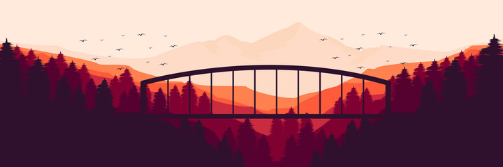 sunset in bridge with mountain landscape vector flat design illustration good for wallpaper, background, design template, backdrop template, and tourism design template