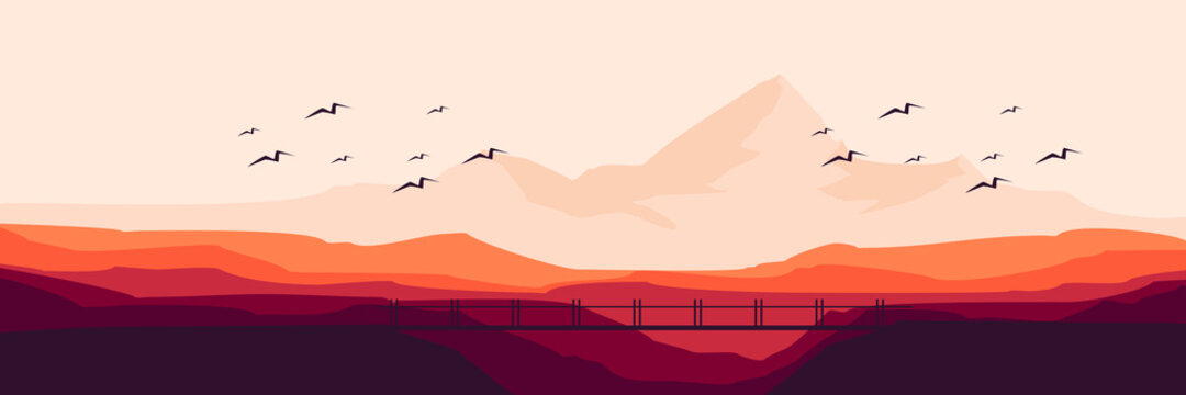 sunset in bridge with mountain landscape vector flat design illustration good for wallpaper, background, design template, backdrop template, and tourism design template