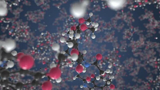 Colchicine molecule made with balls, conceptual molecular model. Chemical looping 3d animation