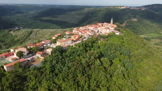 Aerial view of typical old Istrian village Padna on a hill in summer, Slovenia
