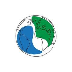 One line planet illustration. Single line earth. Green and blue planet art