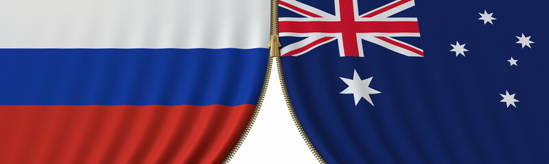 Russia and Australia political cooperation or conflict, flags and closing or opening zipper, conceptual 3D rendering