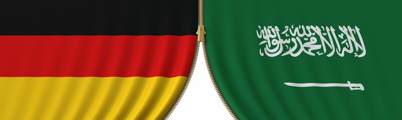 Germany and Saudi Arabia cooperation or conflict, flags and closing or opening zipper between them. Conceptual 3D rendering