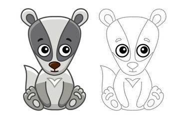 Forest animal for children coloring book. Funny badger in a cartoon style. Trace the dots and color the picture