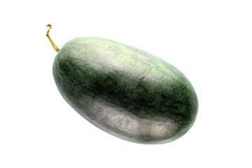One ripe dark green watermelon, close-up, isolated on white, top view.