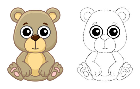 Forest animal for children coloring book. Funny bear in a cartoon style. Trace the dots and color the picture