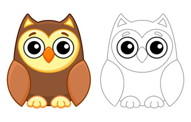Forest bird for children coloring book. Funny owl in a cartoon style. Trace the dots and color the picture