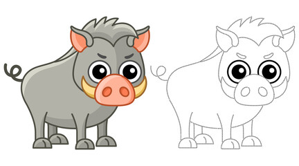 Forest animal for children coloring book. Funny boar in a cartoon style. Trace the dots and color the picture