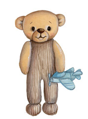 Cute fun teddy bear. Watercolor hand drawn illustration, isolated. Perfect for any baby and kids design.