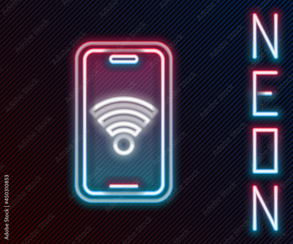 Poster glowing neon line smartphone with free wi-fi wireless connection icon isolated on black background. 