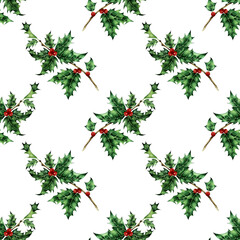 Watercolor illustration of a holly pattern. Seamless repeating holiday New Year and Christmas print. Ever green leaves and red berries. Isolated on white background. Drawn by hand.