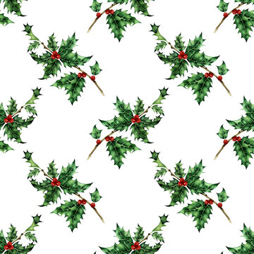 Watercolor illustration of a holly pattern. Seamless repeating holiday New Year and Christmas print. Ever green leaves and red berries. Isolated on white background. Drawn by hand.