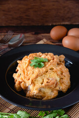 Thai traditional omelets stuff minced pork on top streamed rice, fast food, Thailand