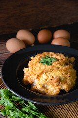Thai traditional omelets stuff minced pork on top streamed rice, fast food, Thailand
