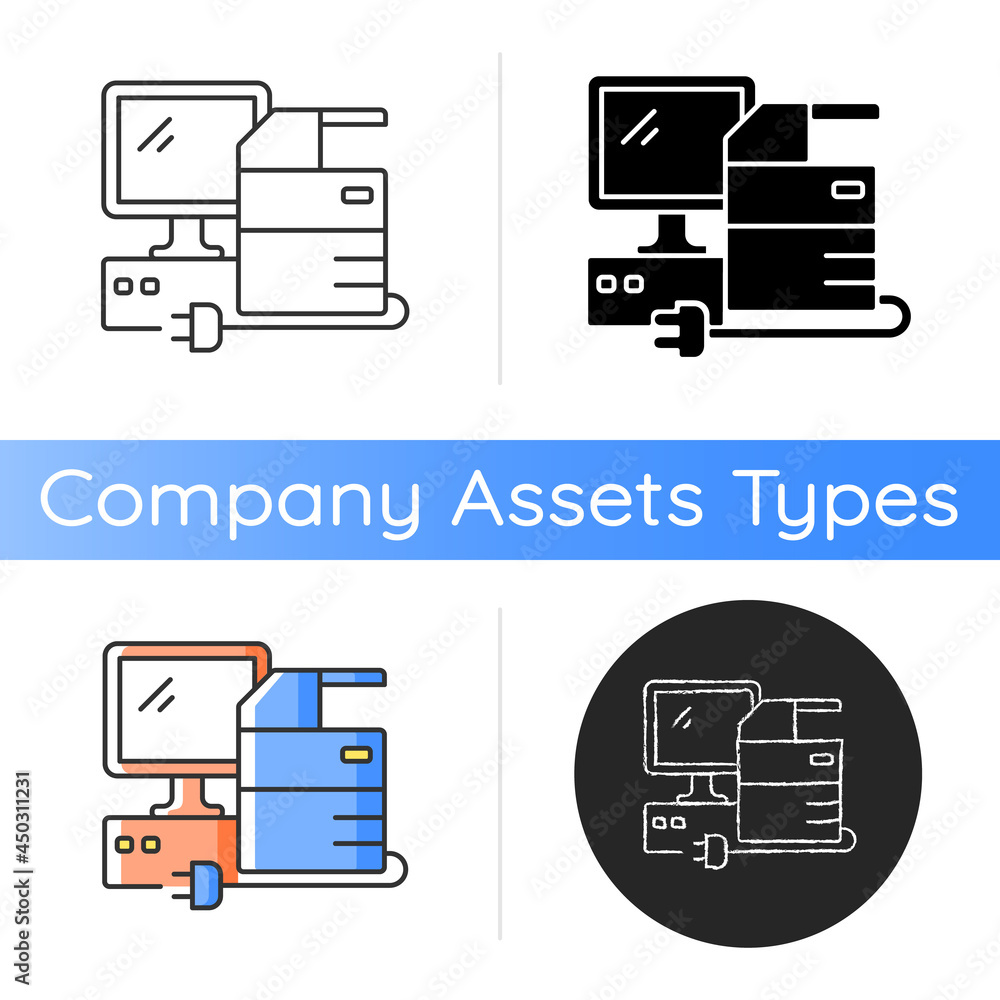 Poster technical equipment icon. technology assets including mainframe computers, servers and general compu