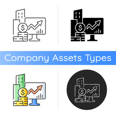 Company stock icon. Public market. Capital gain. Income increment monitoring. Trading exchange. Business fraction ownership. Linear black and RGB color styles. Isolated vector illustrations