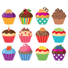 Set of festive multicolored cupcakes