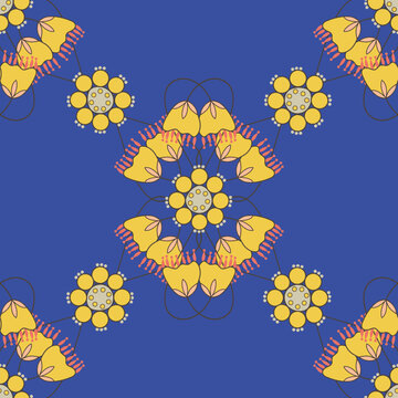 Folk Floral Blue Seamless Pattern 