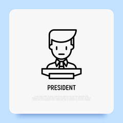 President at tribune thin line icon. Speaker on conference. Modern vector illustration.