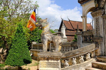 Cambodia Krong Siem Reap - Wat Bo Pagoda entrance with guardian statue