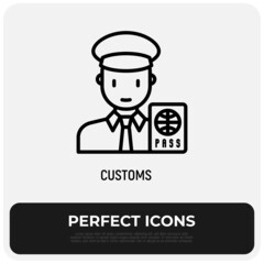 Customs thin line icon, officer checking passport. Modern vector illustration.