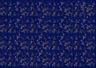 Fototapeta premium New year’s pattern violet background. Snow, new year tree, stars, candies. Perfect for wallpaper, presents paper, Christmas cards