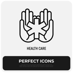 Healthcare, medical support thin line icon. Star of life in hands. Vector illustration.