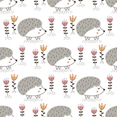 Seamless pattern with hedgehog in the Scandinavian style. Cute animal with flowers. For fabric, textile, wrapping paper. Vector Illustration.