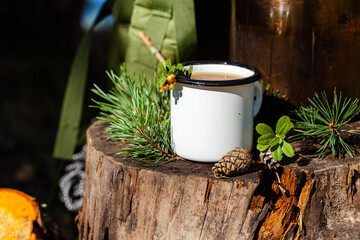 White campfire enamel mug with hot herbal tea on wooden stump. Bowler pot on background, cones,...