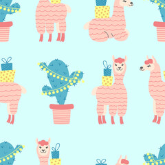Seamless pattern of cute alpacas with rainbows and clouds on white background. Ideal for baby cloth, wallpaper, wrapping paper, home decor.