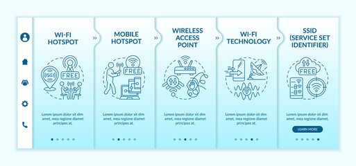 Access to internet blue onboarding vector template. Responsive mobile website with icons. Web page walkthrough 5 step screens. Public internet hotspot color concept with linear illustrations