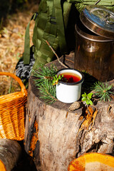 Fototapeta premium White campfire enamel mug with hot herbal tea on wooden stump. Bowler pot on background, cones, forest elements as decor. Concept of lunch break during hiking, trekking, active tourism, camping