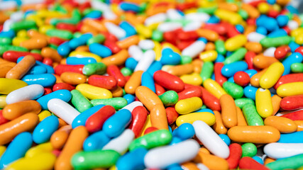 Assorted gummy candies. Top view. Jelly sweets.