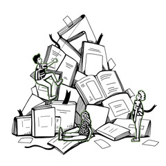 people climb the mountain from the books. cute graphic flat modern illustration about the difficulty of studying in school, college or university. black and white hand drawn sketch..