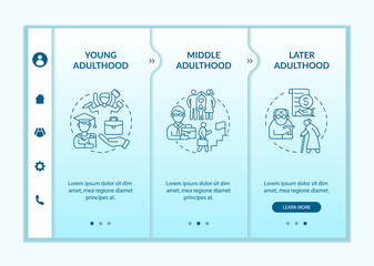 Stages of adulthood onboarding vector template. Personal realization. Responsive mobile website with icons. Web page walkthrough 3 step screens. Lifecycle color concept with linear illustrations